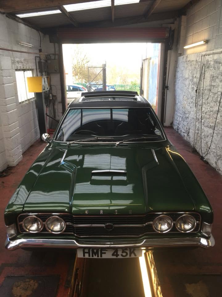 Classic Ford Cortina front view in the garage